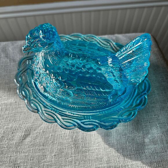 Vintage Mosser Glass Buffet Blue Carnival Hen on Nest Dish – USA Made - Picture 8 of 8